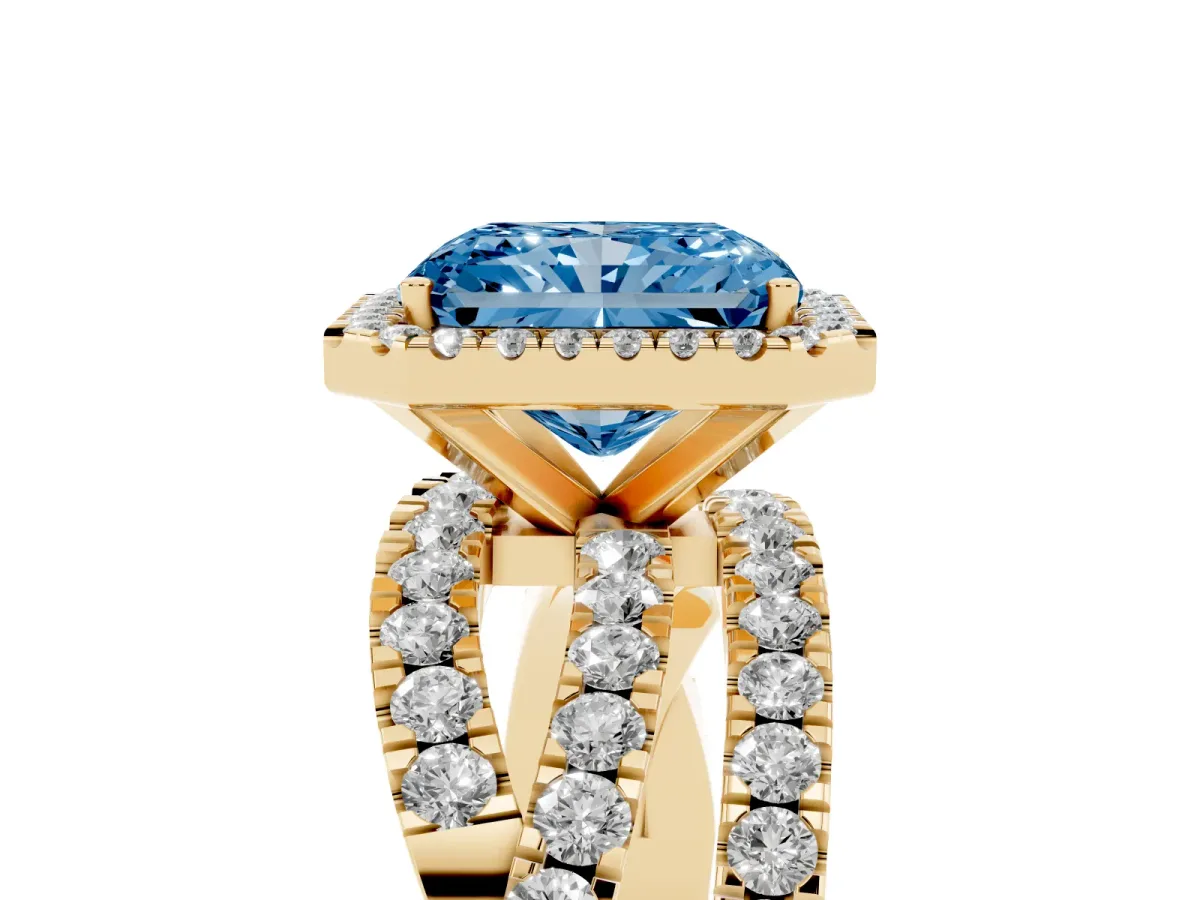 Fancy Blue Radiant Cut Diamond Halo Ring with Round Split Shank and Prong Setting Yellow gold