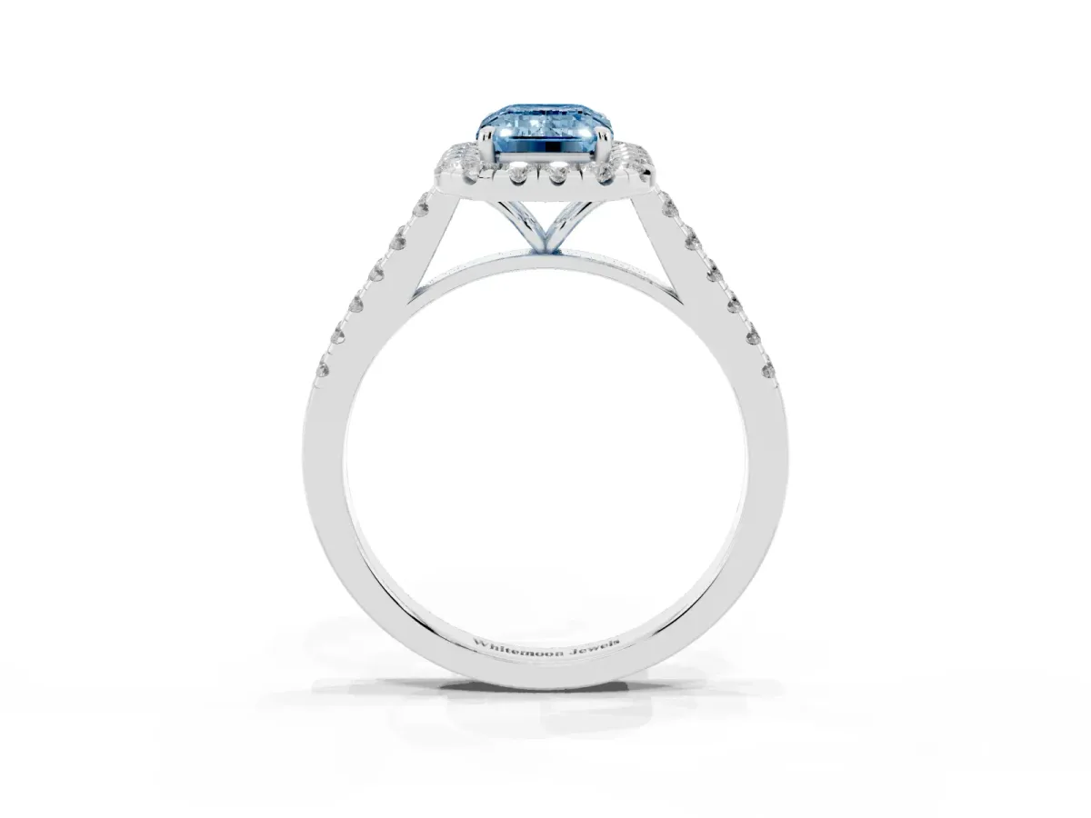 Fancy Blue Emerald Cut Halo Pave Diamond Engagement Ring with Four-Prong Setting Platinum