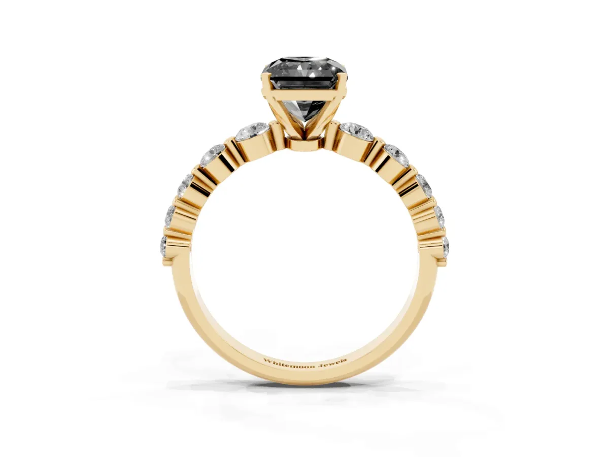 Fancy Black Radiant Cut Solitaire Diamond Ring with Pave Band and Four-Prong Setting Yellow gold