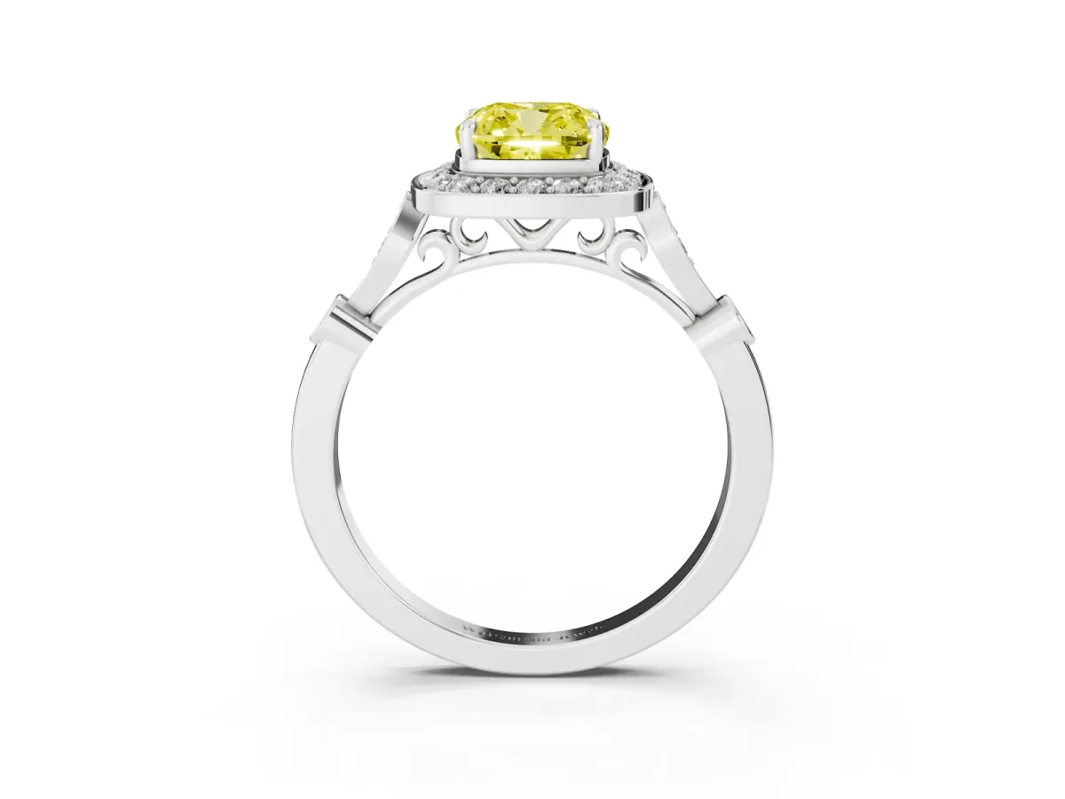Fancy Yellow Cushion Cut Halo Diamond Engagement Ring with Twisted Band and Four-Prong Setting White gold