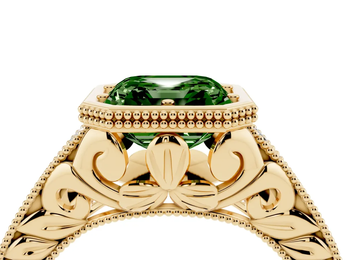 Fancy Green Bezel Set Asscher Cut Diamond Milgrain Pave Engagement Ring Yellow gold