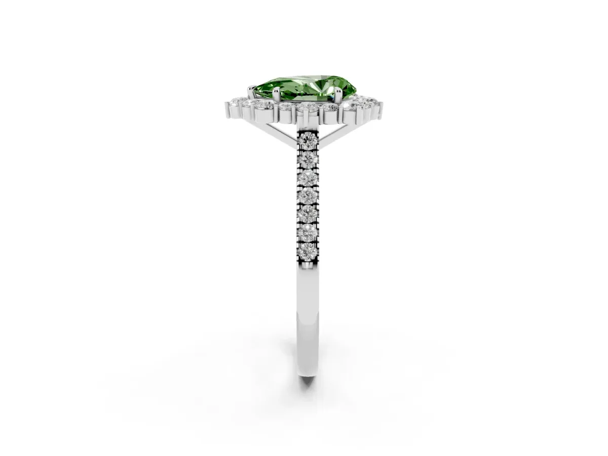 Fancy Green Pear Cut Halo Diamond Ring with Pavé Band and Prong Setting Silver
