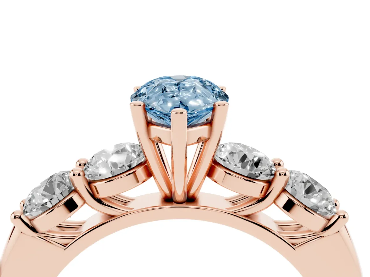Fancy Blue Pear Cut Cut Five-Stone Prong Set Diamond Ring with Classic Band Rose gold