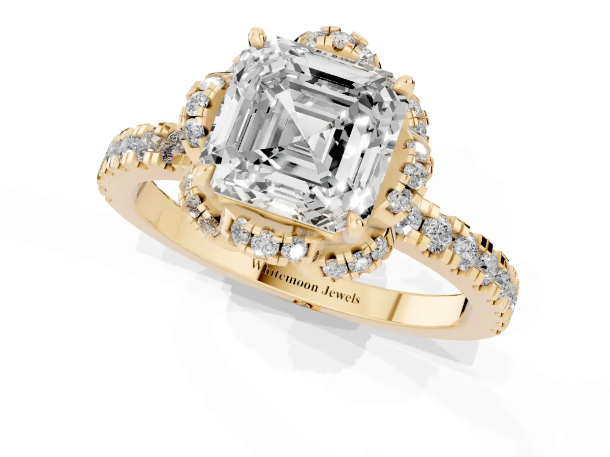 Asscher Cut Halo Diamond Pave Band Ring with Four-Prong Setting Yellow gold