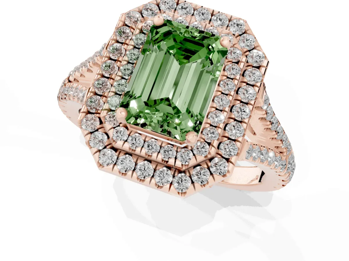 Fancy Green Emerald Cut Diamond Double Halo Ring with Pavé Band and Prong Setting Rose gold