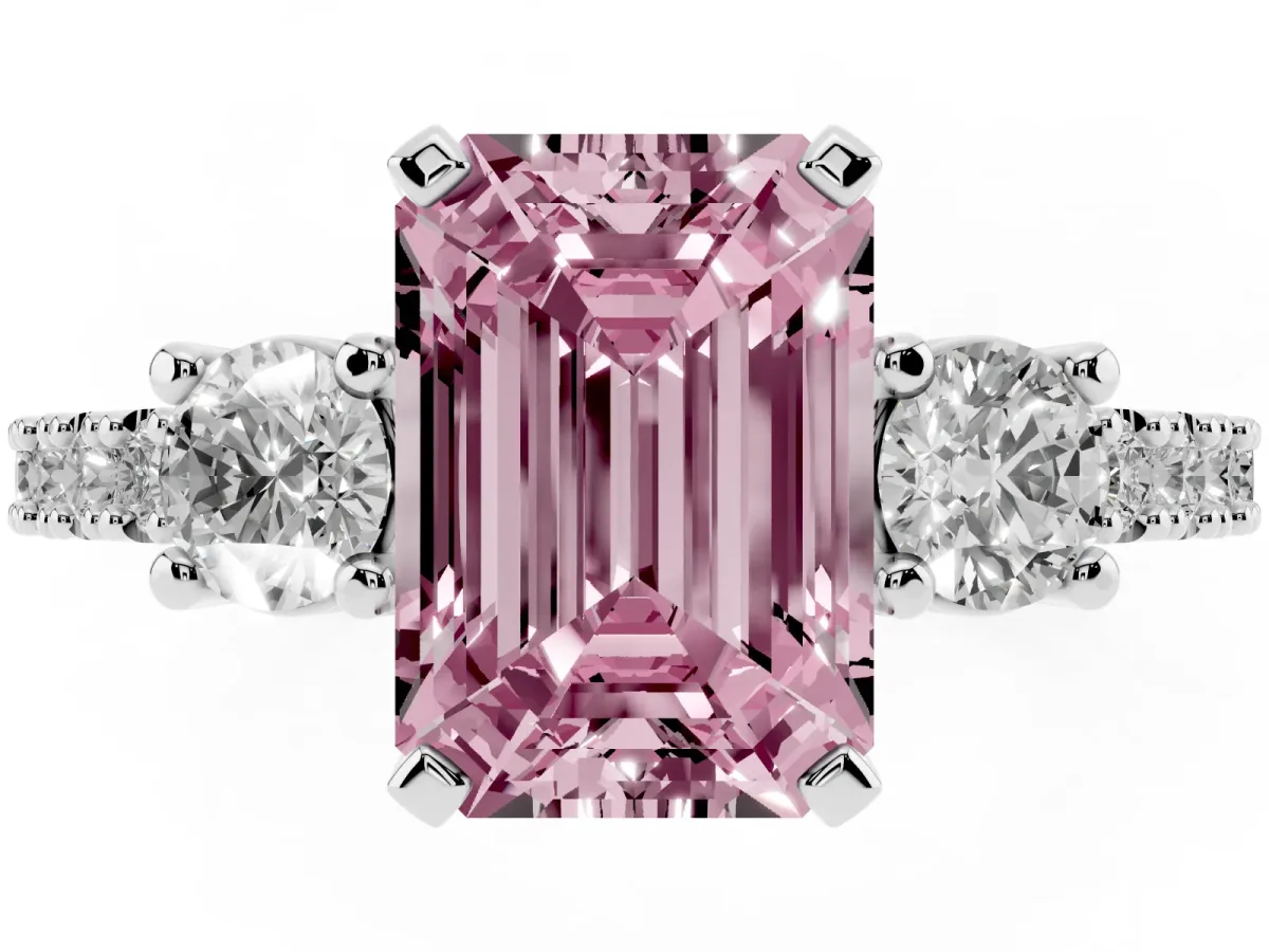 Fancy Pink Emerald Cut Three-Stone Diamond Pavé Band with Prong Setting Platinum