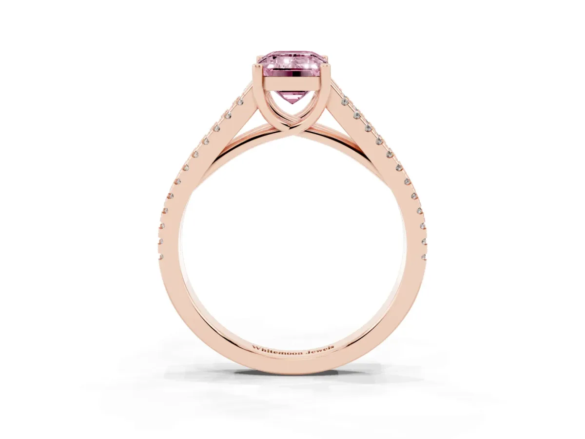 Fancy Pink Emerald Cut Diamond Solitaire Engagement Ring with Split Shank Pavé Band Rose gold