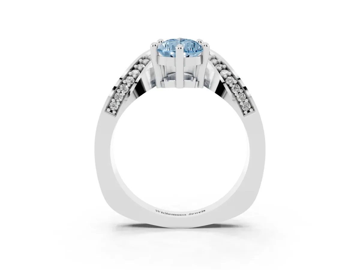 Fancy Blue Pear Cut Solitaire Diamond Engagement Ring with Pave Band and Four-Prong Setting Silver
