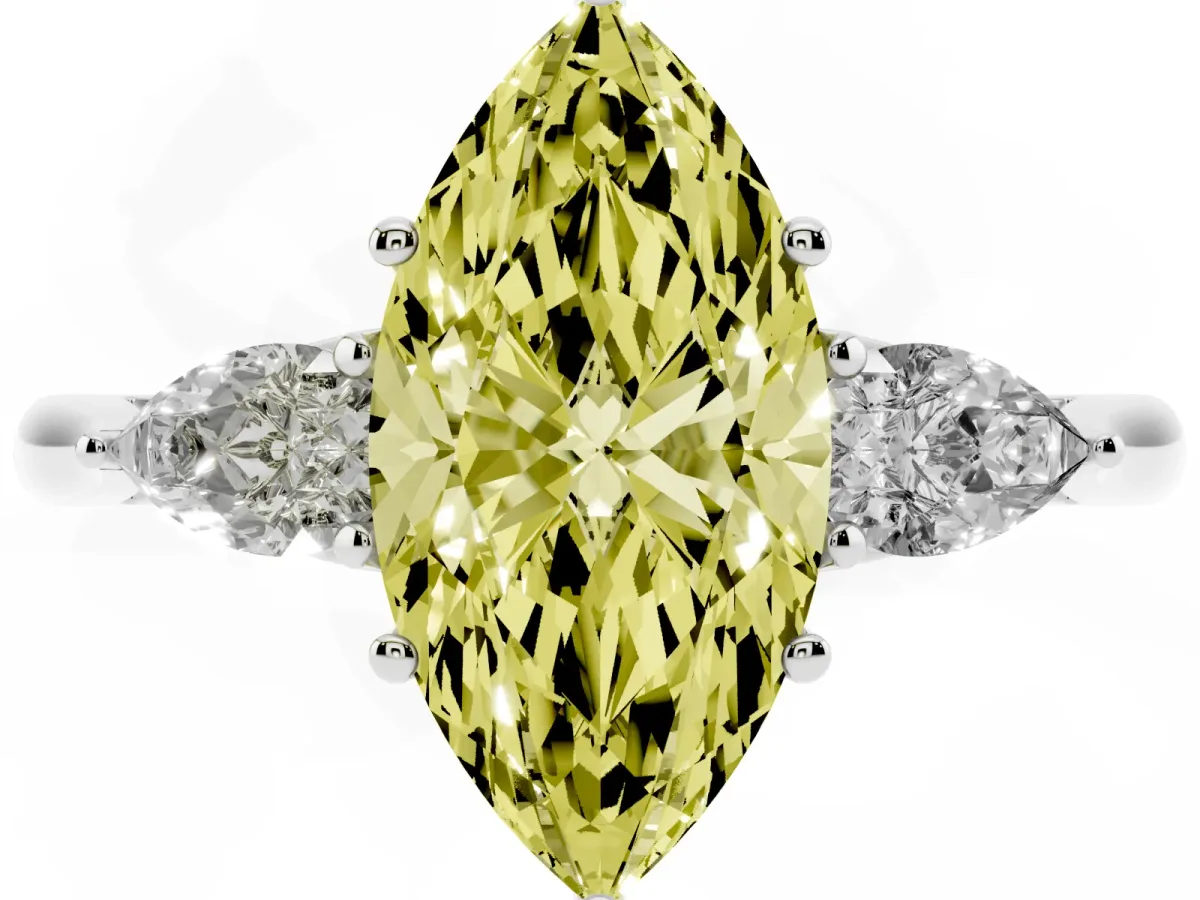 Fancy Yellow Three-Stone Marquise Cut Diamond Ring with Pear Side Stones in Four-Prong Setting Silver