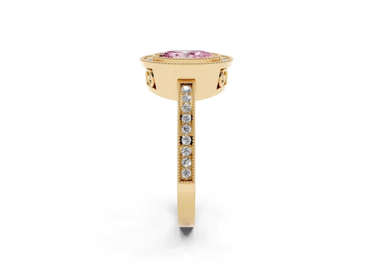Fancy Pink Oval Cut Cut Halo Diamond Ring with Pavé Band and Milgrain Prong Setting Yellow gold