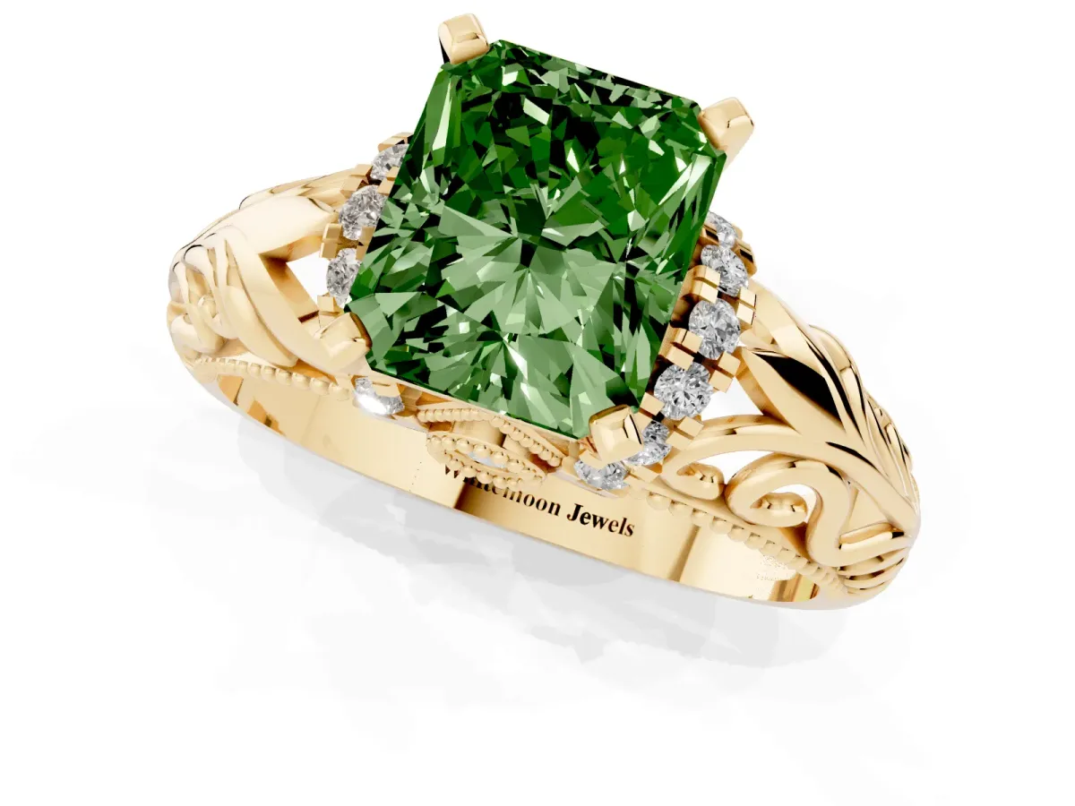 Fancy Green Radiant Cut Solitaire Filigree Engagement Ring with Halo and Prong Setting Yellow gold