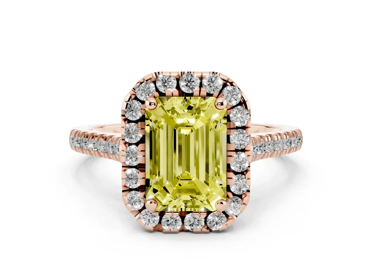 Fancy Yellow Emerald Cut Diamond Cushion Halo Ring with Pavé Band Rose gold