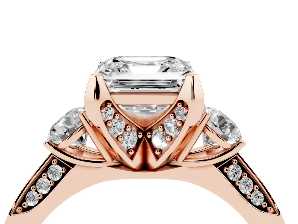 Asscher Cut Brilliant Three-Stone Diamond Ring with Pavé Band and Four-Prong Setting Rose gold