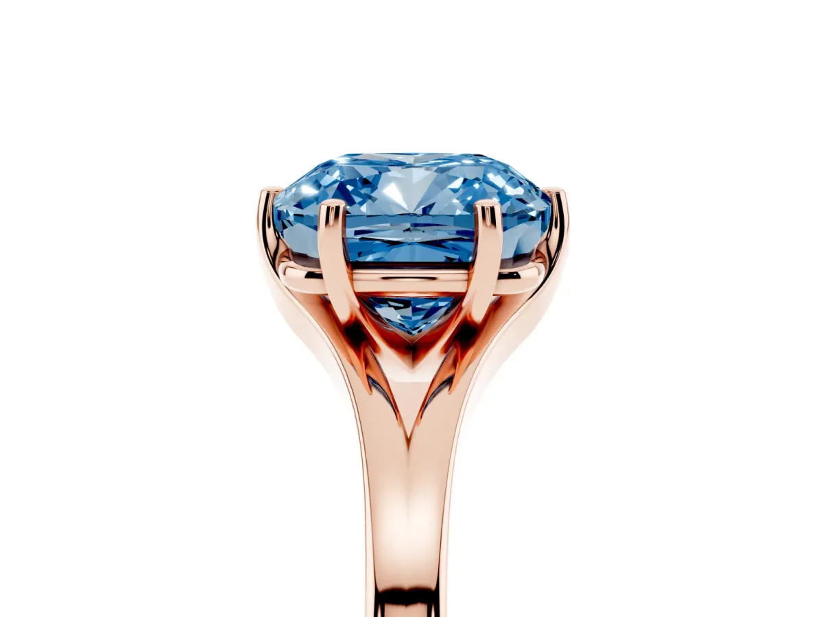 Fancy Blue Cushion Cut Solitaire Diamond Ring with Six-Prong Setting and Tapered Band Rose gold