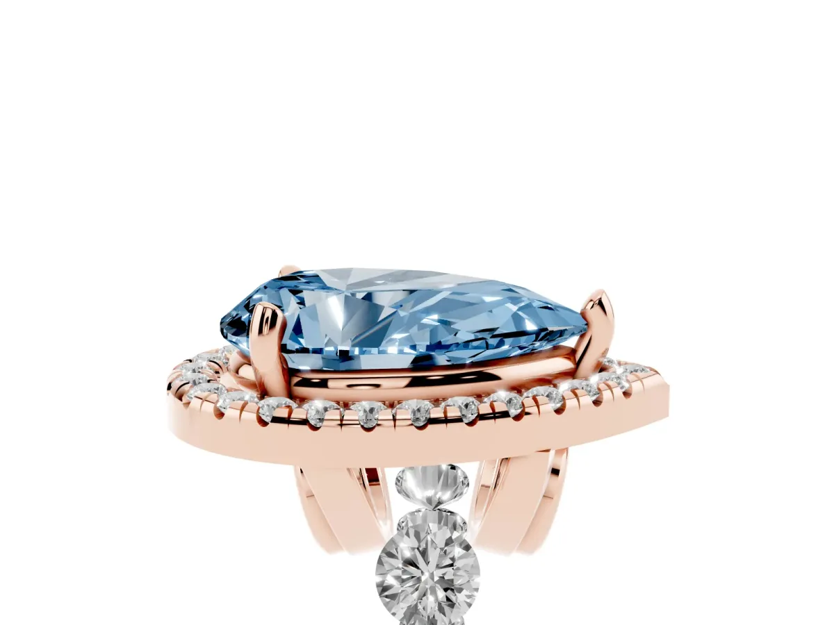 Fancy Blue Pear Cut Halo Pavé Diamond Engagement Ring with Four-Prong Setting Rose gold