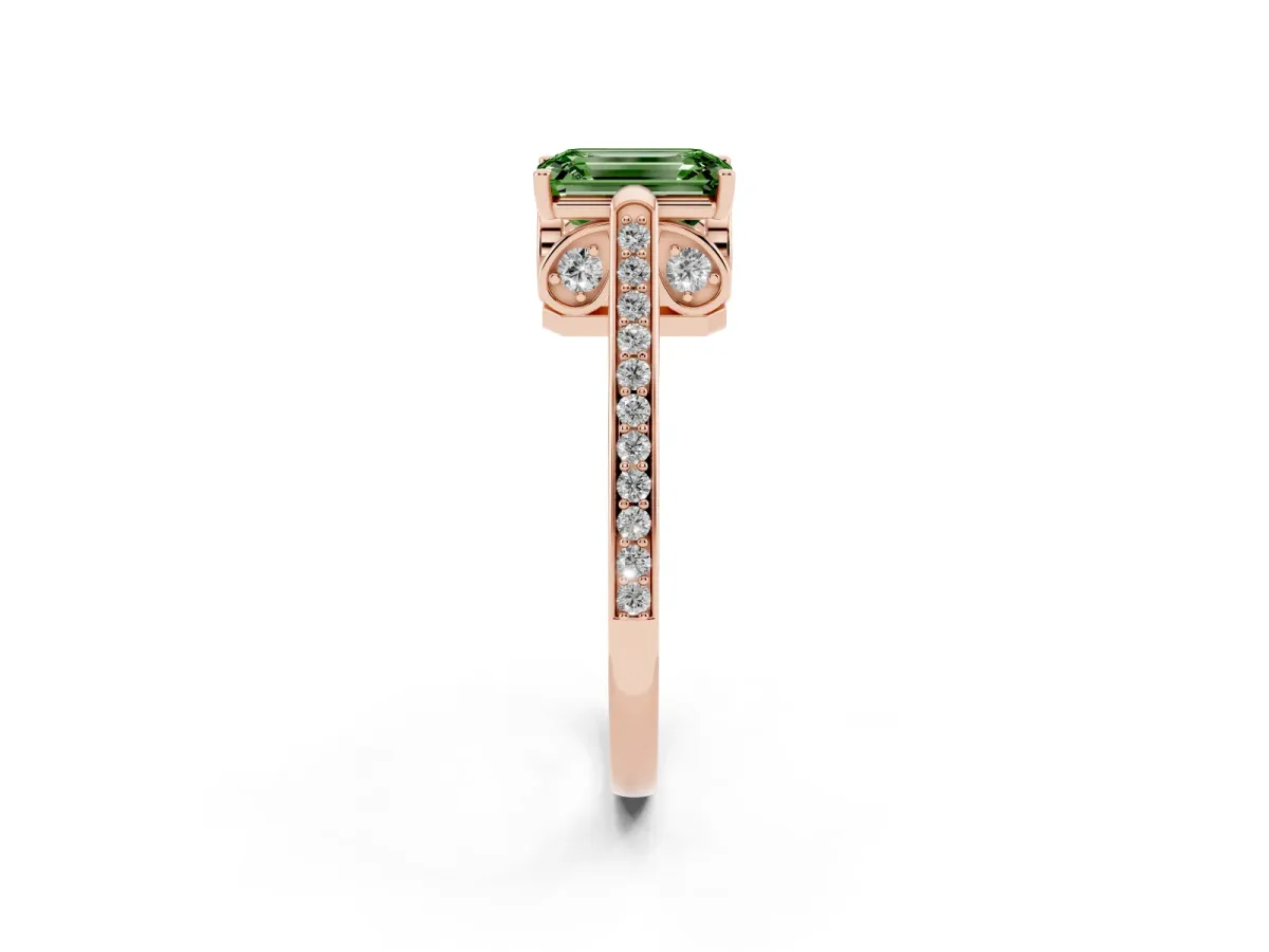 Fancy Green Emerald Cut Cut Cathedral Pave Diamond Engagement Ring with Six-Prong Setting Rose gold