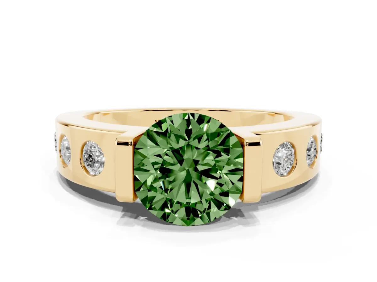 Fancy Green Round Cut Brilliant Channel-Set Diamond Ring with Bezel Prong Setting Yellow gold