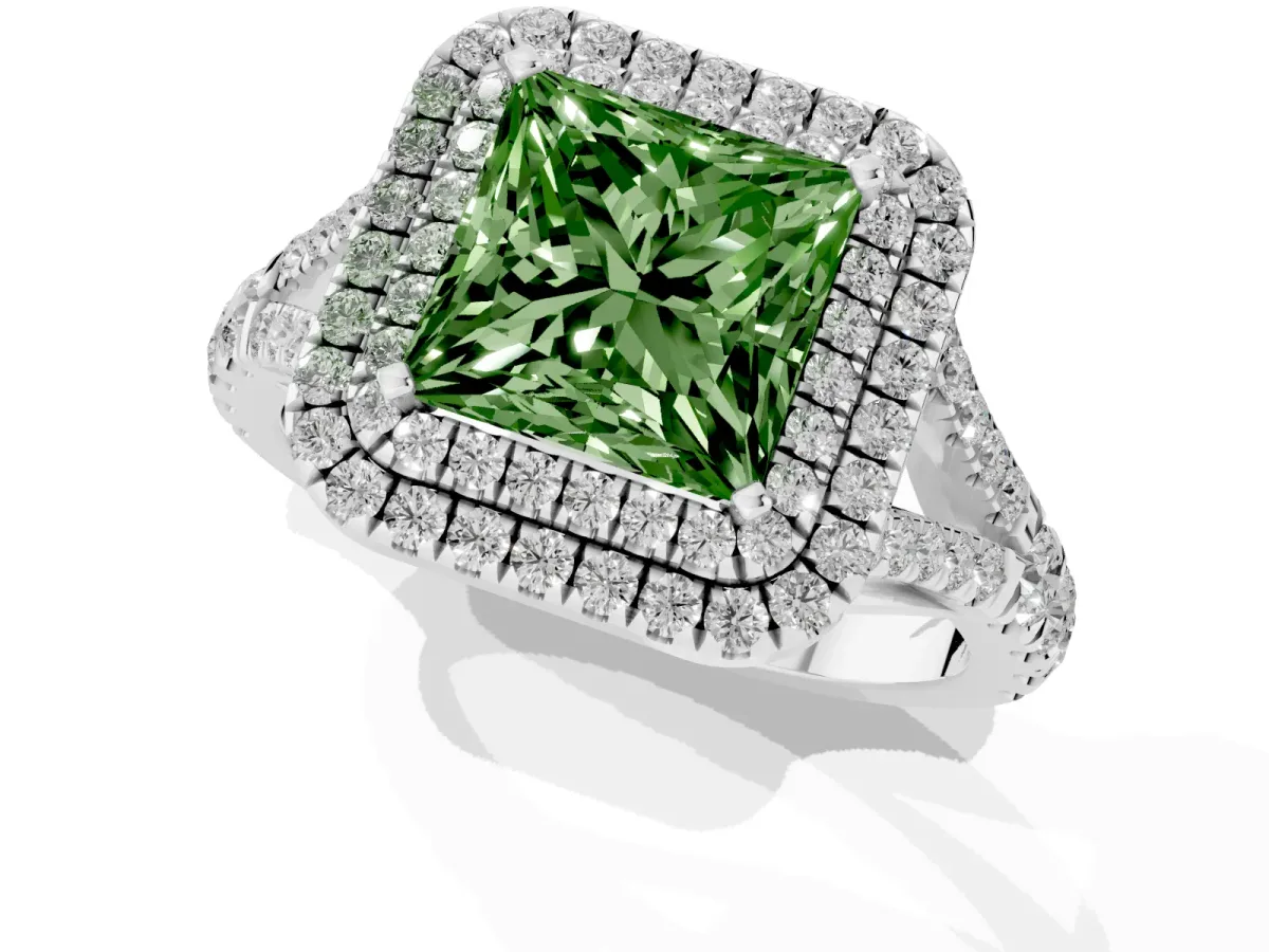Fancy Green Princess Cut Diamond Double Halo Ring with Split Shank and Prong Setting Silver