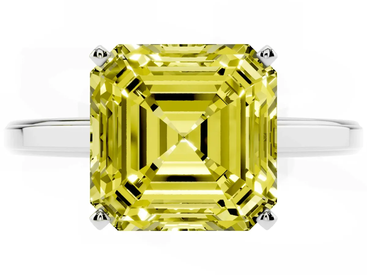 Fancy Yellow Asscher Cut Solitaire Diamond Ring with Four-Prong Setting and Classic Band Platinum