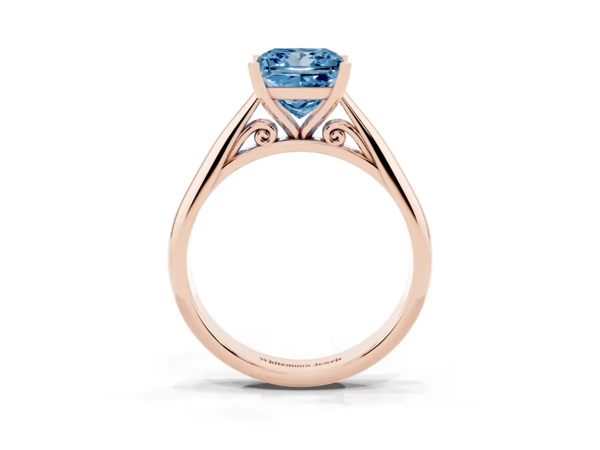 Fancy Blue Princess Cut Diamond Solitaire Engagement Ring with Cathedral Setting and Four-Prong Mount Rose gold