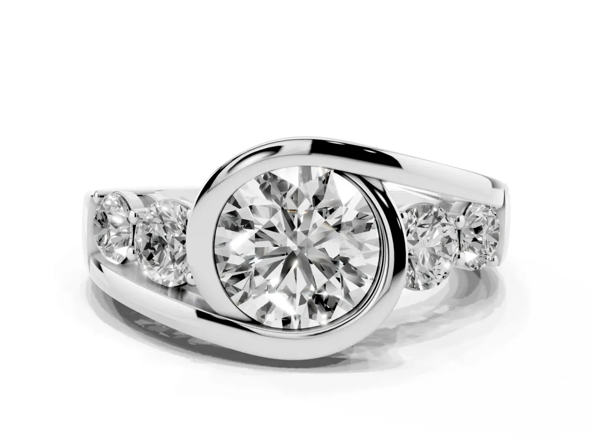 Bezel Set Round Cut Diamond Bypass Ring with Round Accents Platinum