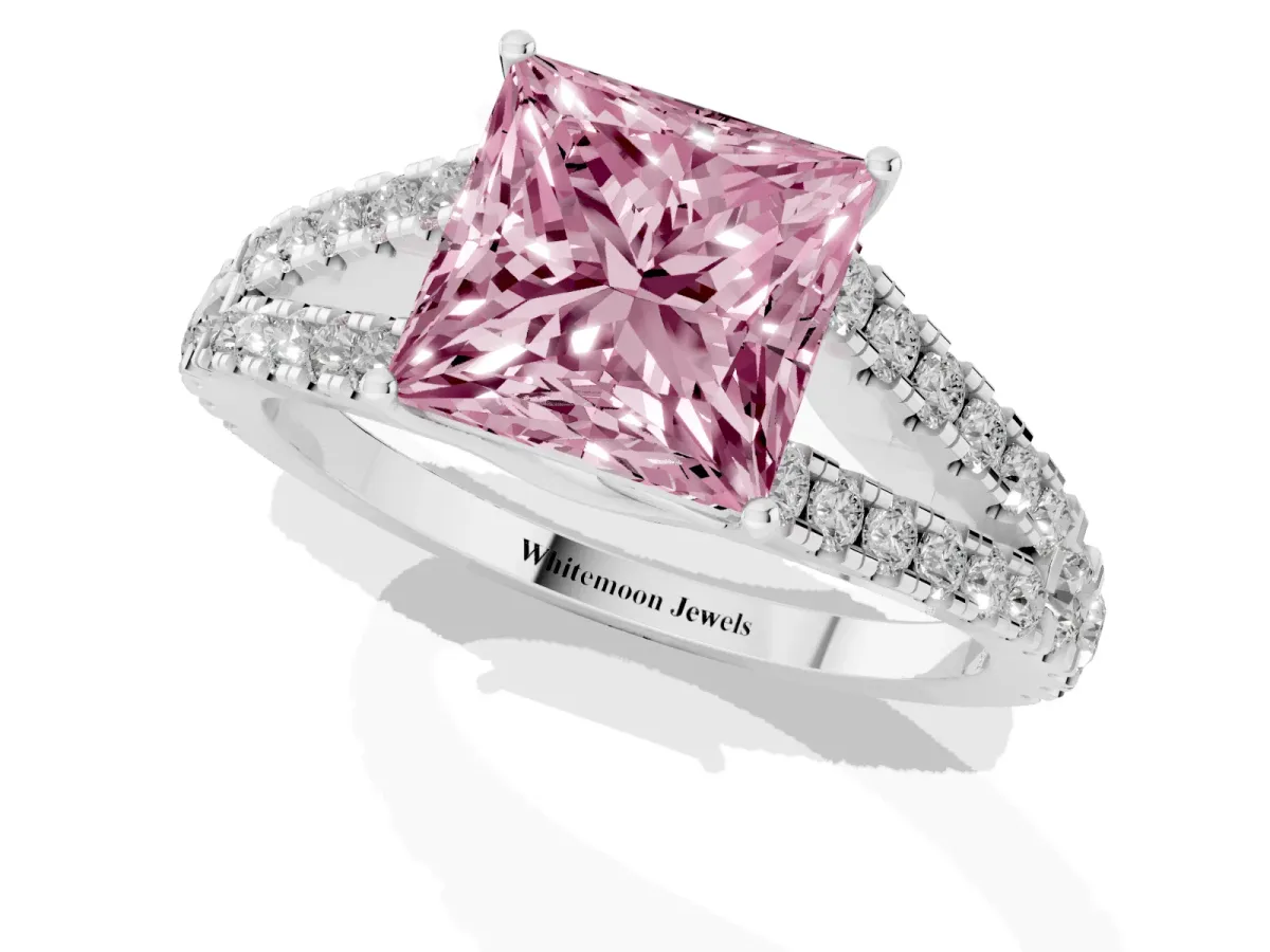 Fancy Pink Princess Cut Diamond Split Shank Pavé Engagement Ring with Four-Prong Setting Silver