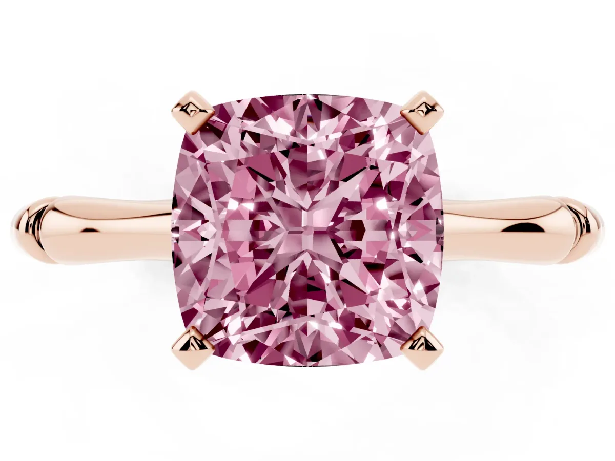 Fancy Pink Cushion Cut Solitaire Diamond Ring with Bamboo Band and Four-Prong Setting Rose gold