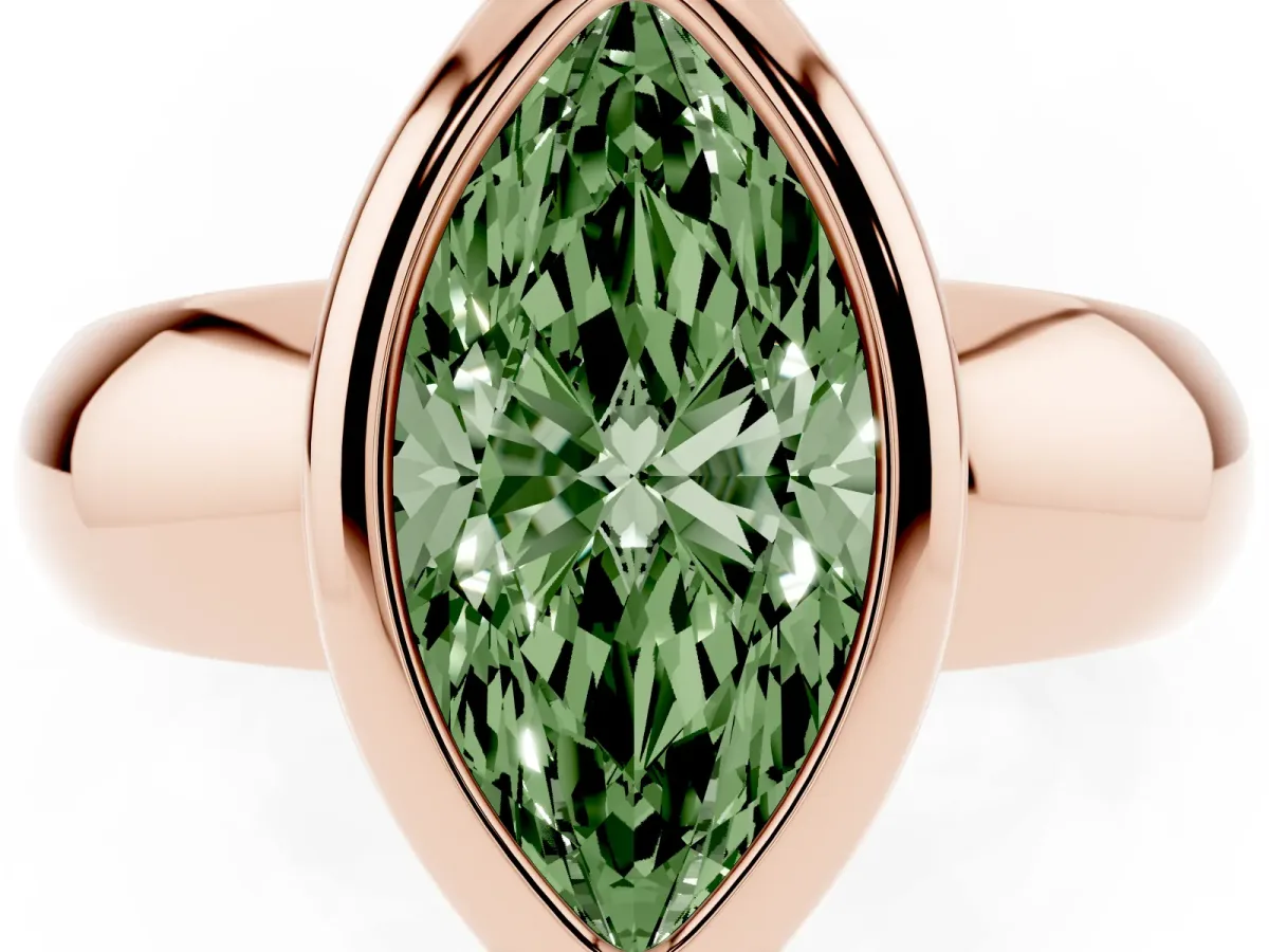 Fancy Green Bezel Set Marquise Cut Solitaire Ring with Wide Band Rose gold