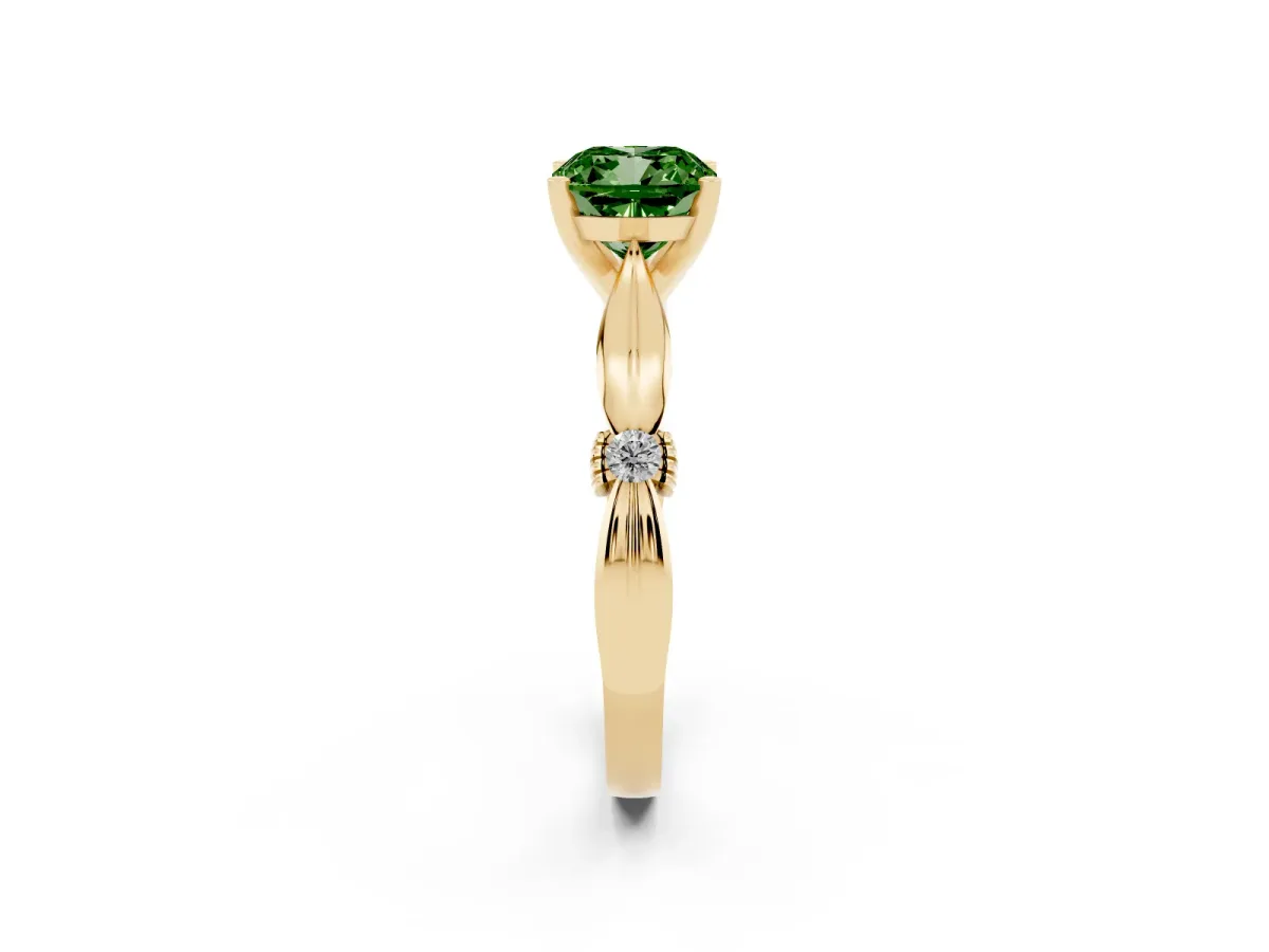 Fancy Green Cushion Cut Solitaire Diamond Twisted Band with Four-Prong Setting Yellow gold
