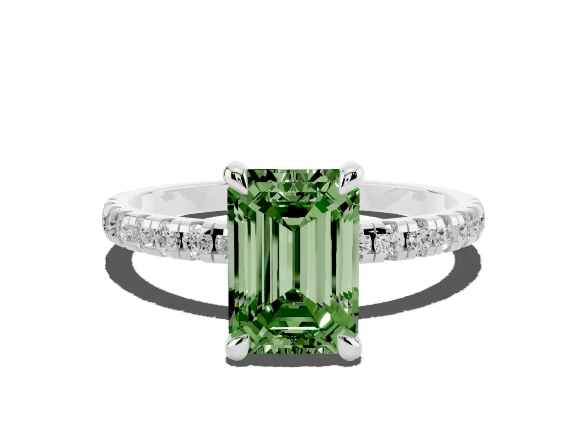 Fancy Green Emerald Cut Diamond Brilliant Solitaire Ring with Pavé Band and Four-Prong Setting Silver