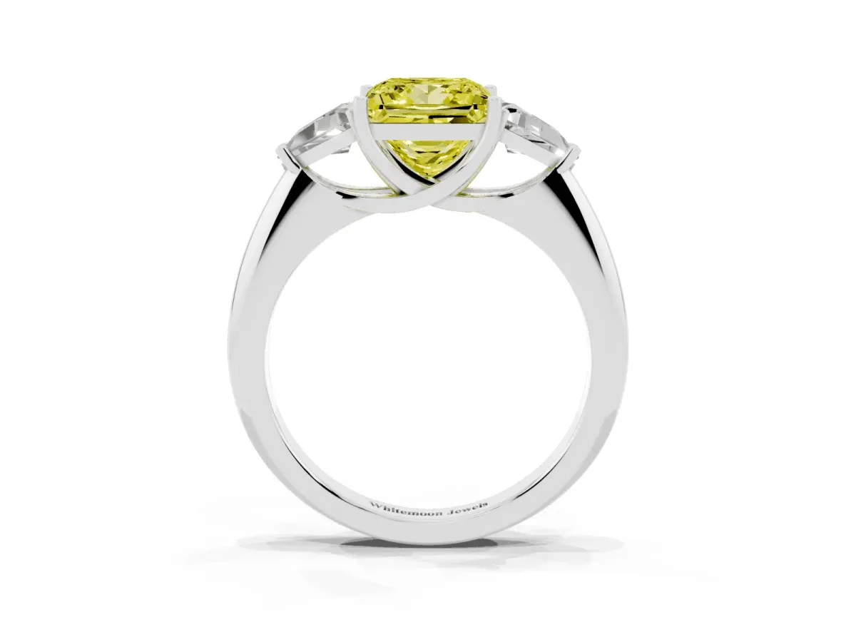 Fancy Yellow Three-Stone Princess Cut Diamond Engagement Ring with Trillion Side Stones and Prong Setting Silver