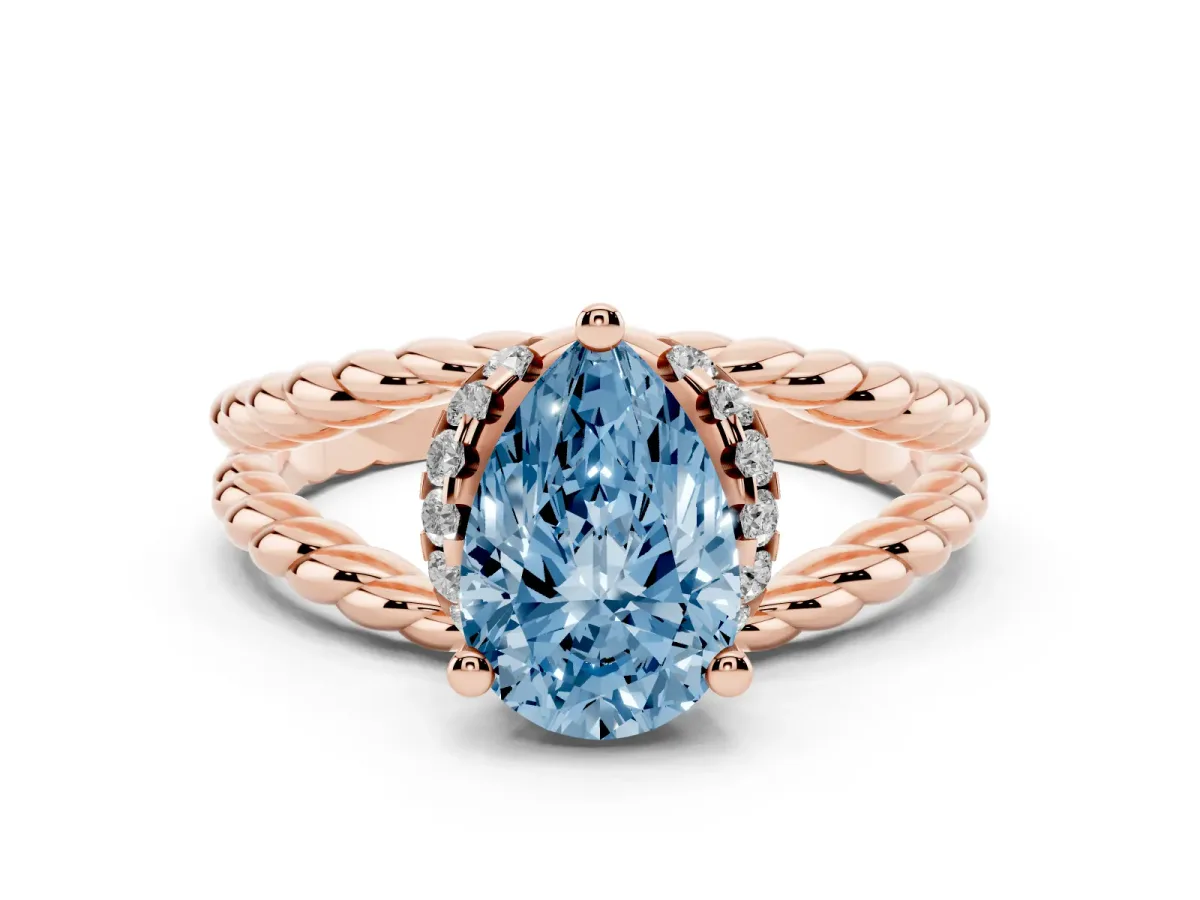 Fancy Blue Pear Cut Halo Twisted Band Four-Prong Ring Rose gold