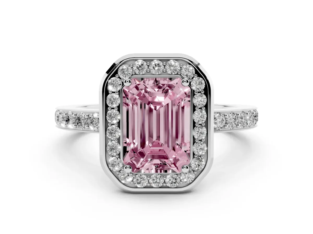 Fancy Pink Emerald Cut Diamond Halo Ring with Bezel Frame and Pavé Band Silver