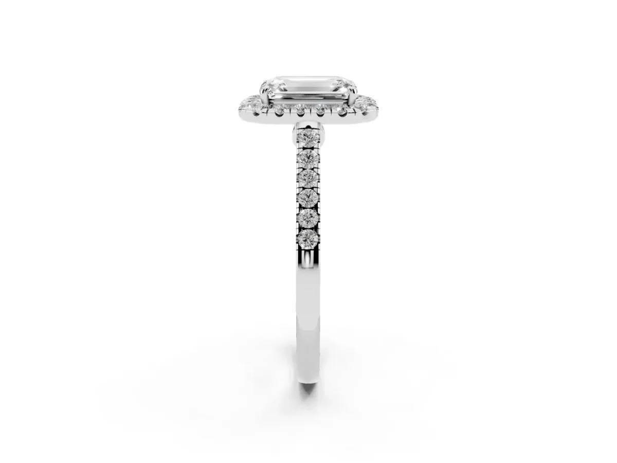 Emerald Cut Halo Pave Diamond Engagement Ring with Four-Prong Setting Platinum