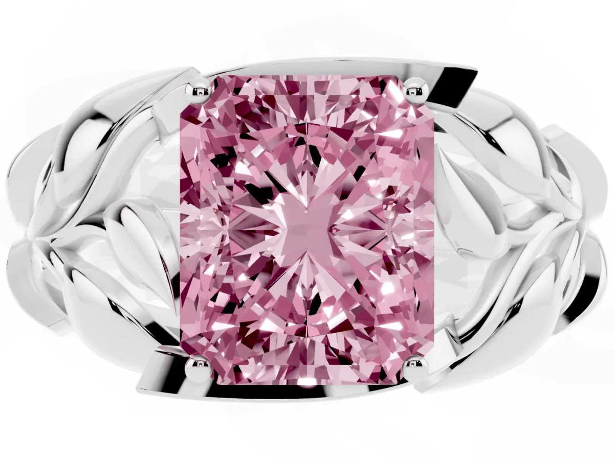 Fancy Pink Radiant Cut Diamond Leaf-Inspired Engagement Ring with Round Accents and Prong Setting Silver