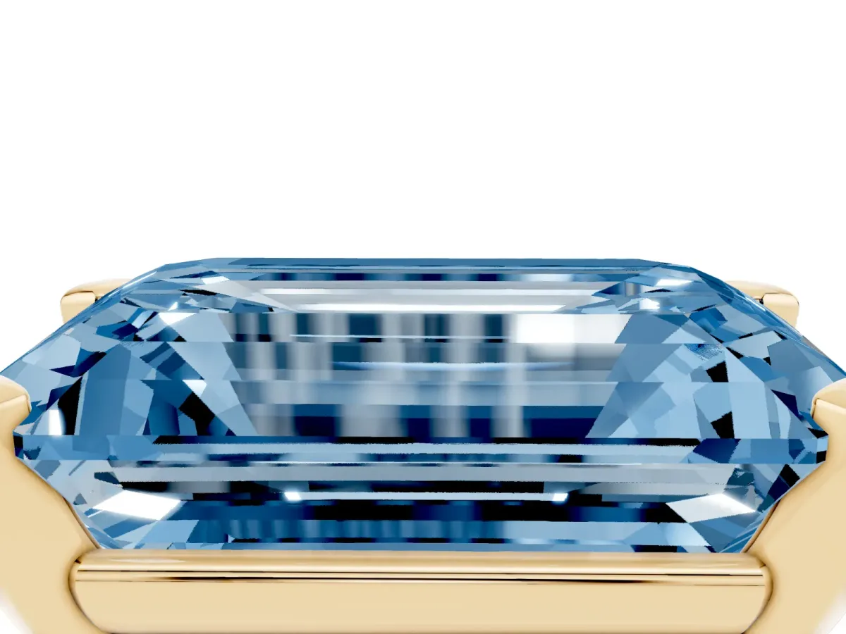 Fancy Blue Emerald Cut Diamond Solitaire Ring with Prong Setting and Classic Band Yellow gold