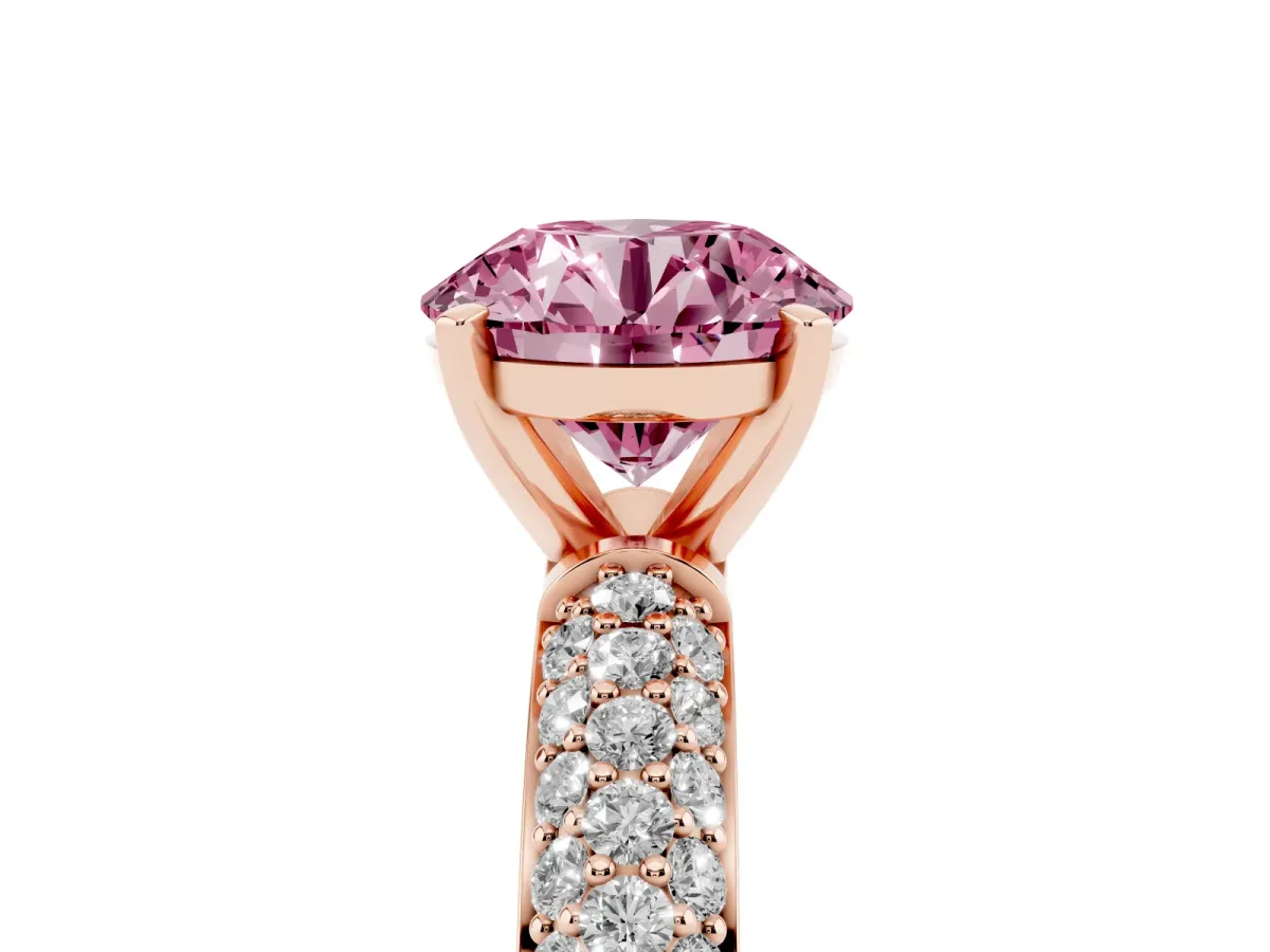 Fancy Pink Round Cut Diamond Solitaire Ring with Prong Setting and Pavé Band Rose gold
