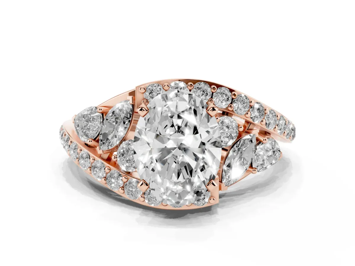 Oval Cut Diamond Halo Ring with Marquise and Pavé Band in Prong Setting Rose gold