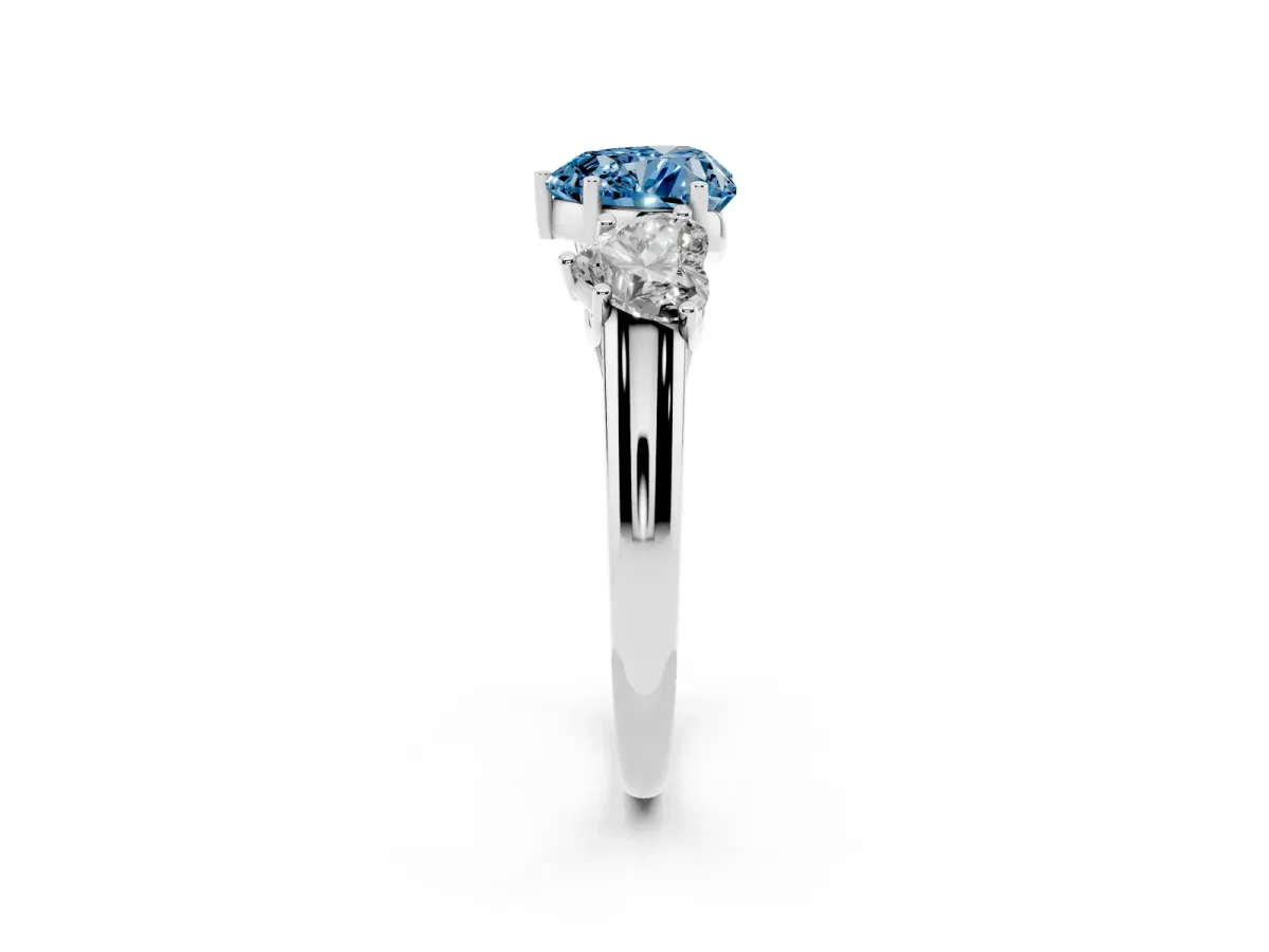 Fancy Blue Three-Stone Heart Cut Diamond Engagement Ring with Prong Setting White gold