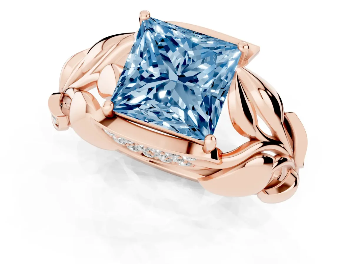 Fancy Blue Princess Cut Diamond Leaf-Inspired Engagement Ring with Round Accents and Prong Setting Rose gold