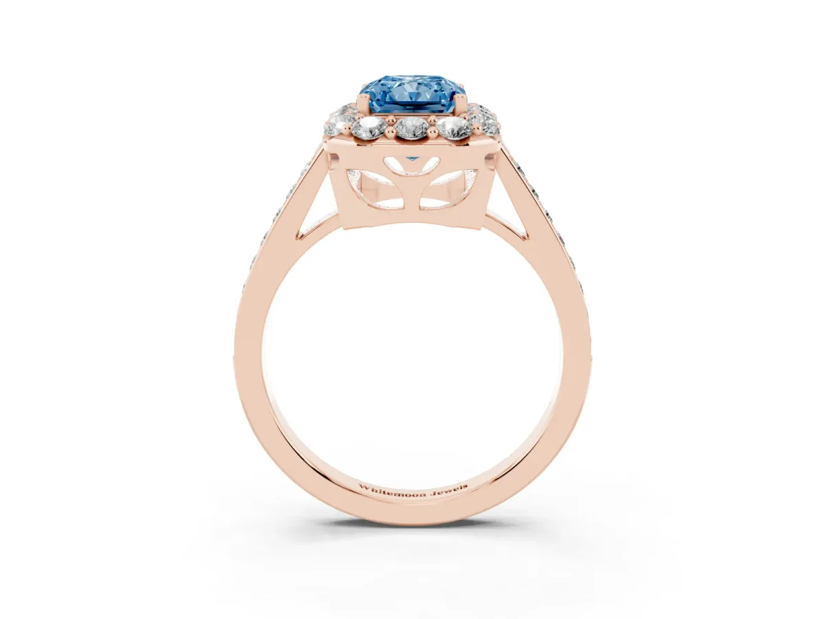 Fancy Blue Radiant Cut Diamond Floral Halo Ring with Pavé Band and Prong Setting Rose gold
