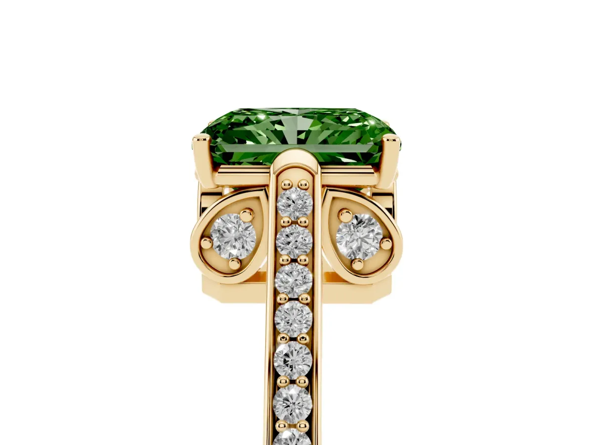 Fancy Green Radiant Cut Cut Cathedral Pave Diamond Engagement Ring with Six-Prong Setting Yellow gold