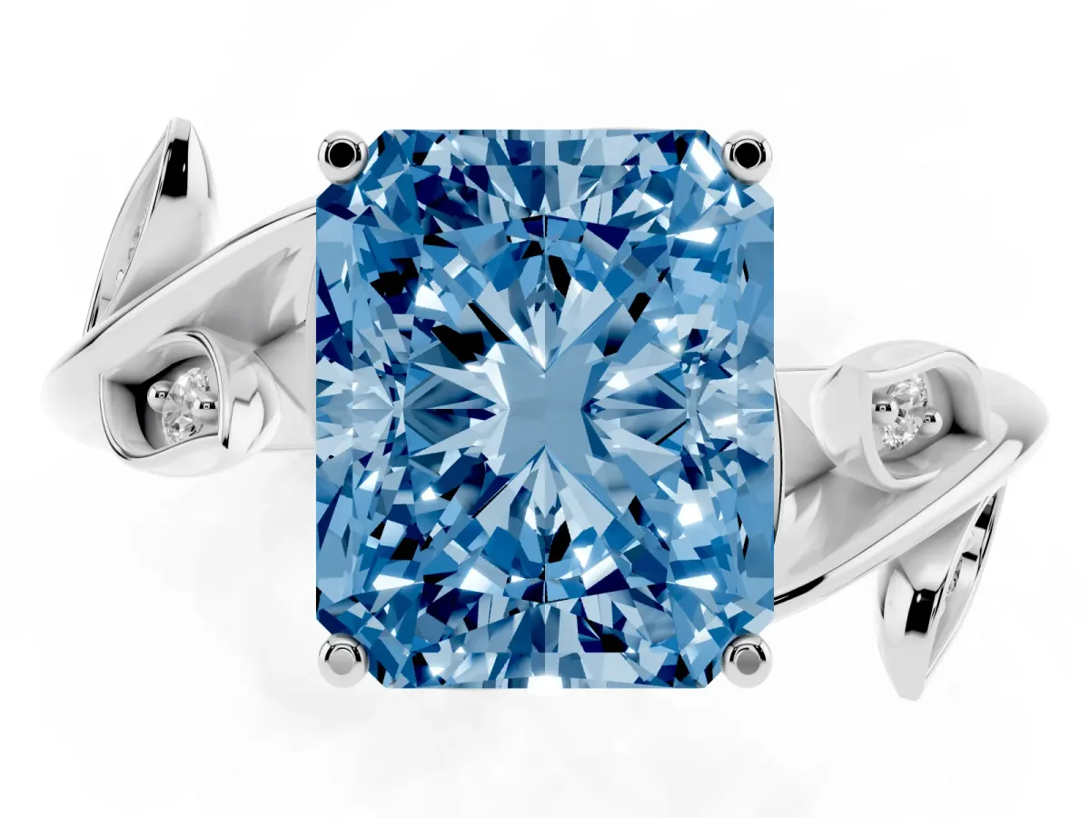 Fancy Blue Radiant Cut Solitaire Twist Engagement Ring with Leaf Accents and Prong Setting White gold