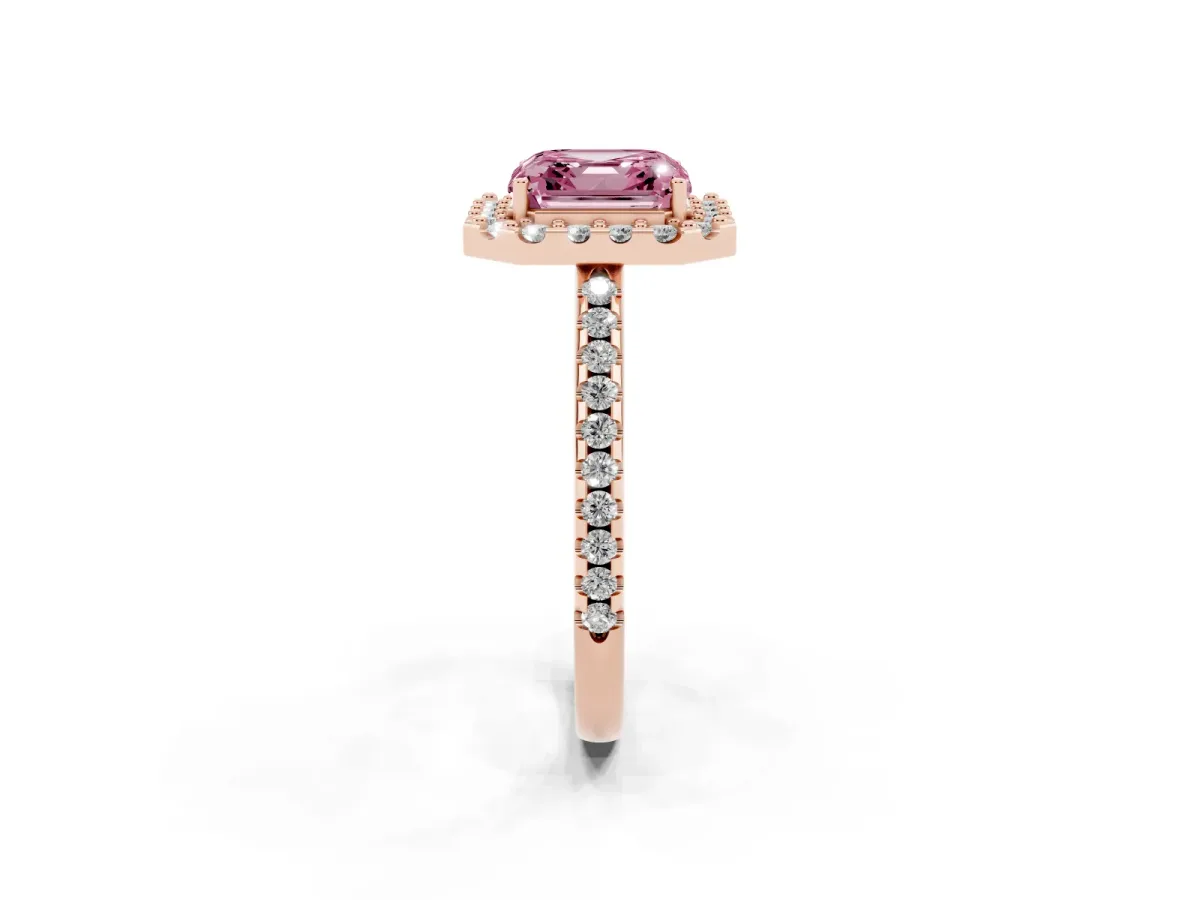 Fancy Pink Asscher Cut Diamond Pavé Halo Ring with Four-Prong Setting Rose gold