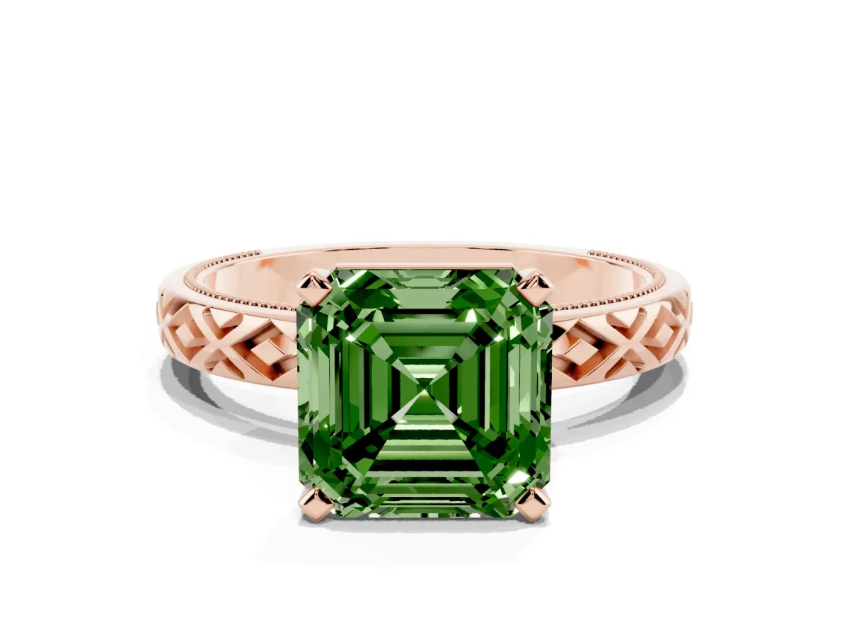 Fancy Green Asscher Cut Solitaire Diamond Ring with Milgrain and Black Enamel X Pattern Band Rose gold