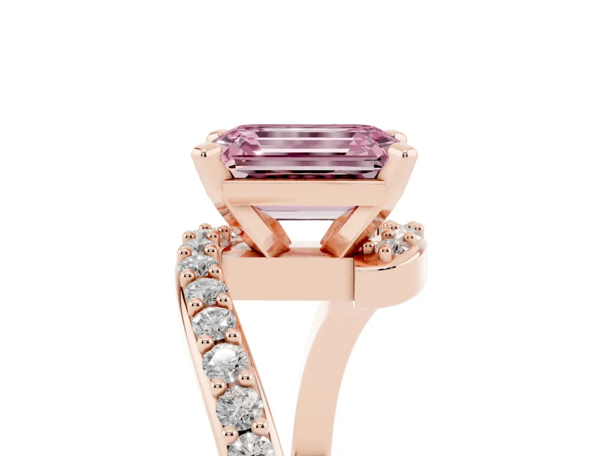 Fancy Pink Emerald Cut Solitaire Twist Band with Pave Set Diamonds and Four-Prong Setting Rose gold