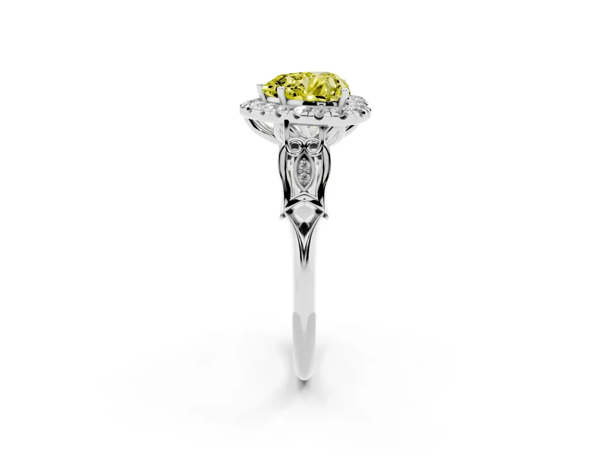 Fancy Yellow Heart Cut Halo Diamond Engagement Ring with Filigree Band and Four-Prong Setting Silver