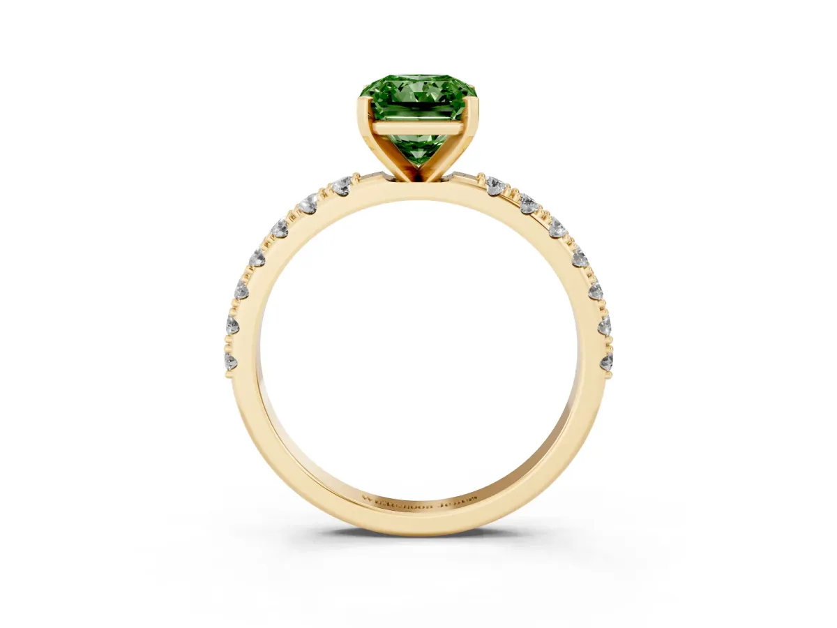 Fancy Green Radiant Cut Diamond Solitaire Pavé Band with Four-Prong Setting Yellow gold