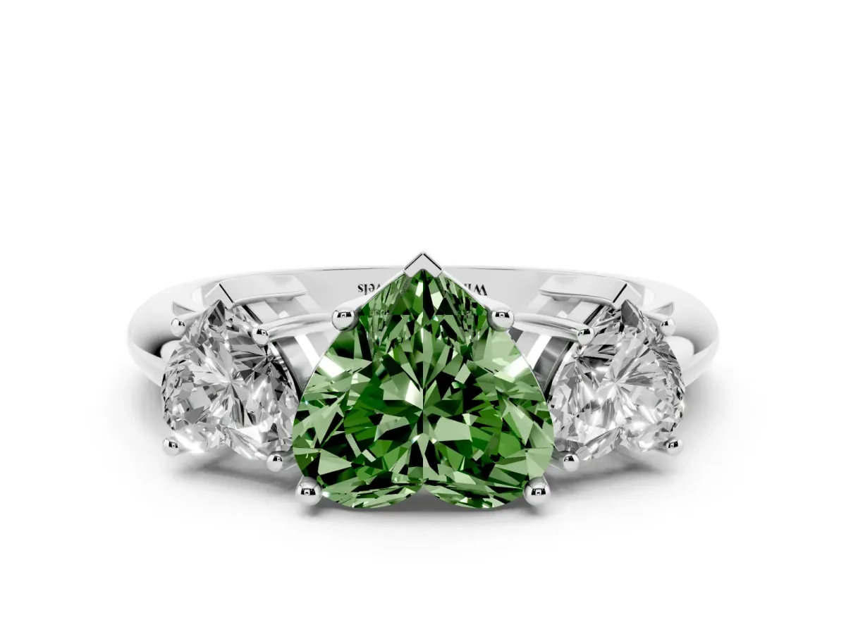 Fancy Green Three-Stone Heart Cut Cut Diamond Engagement Ring with Prong Setting on a White Gold Band White gold