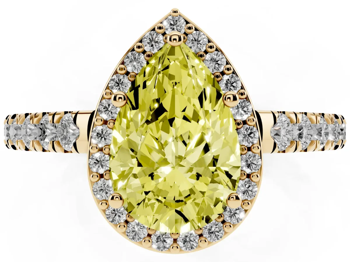 Fancy Yellow Pear Cut Cut Halo Diamond Engagement Ring with Pave Band and Four-Prong Setting Yellow gold